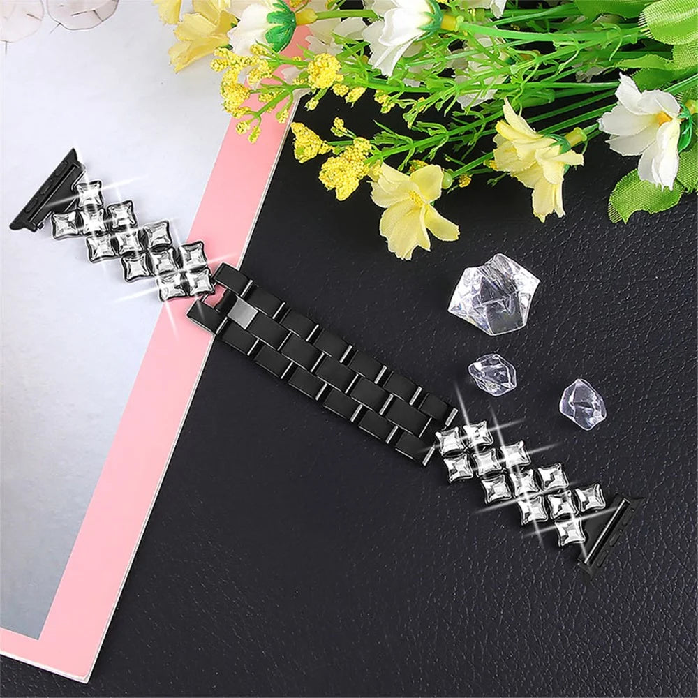 Glittery Rhinestones Decor Stainless Steel Replacement Watch Band Wrist Strap for Apple Watch Ultra 3 2 1 49mm / Series 11 10 46mm / 9 8 7 45mm / SE3 SE2 SE 6 5 4 44mm / 3 2 1 42mm - Black - 3
