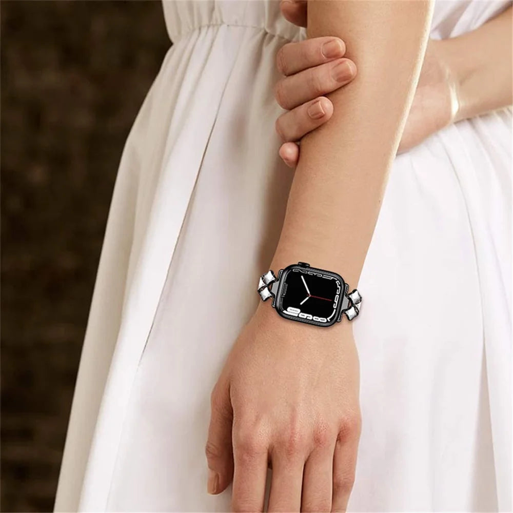 Glittery Rhinestones Decor Stainless Steel Replacement Watch Band Wrist Strap for Apple Watch Ultra 3 2 1 49mm / Series 11 10 46mm / 9 8 7 45mm / SE3 SE2 SE 6 5 4 44mm / 3 2 1 42mm - Black - 4