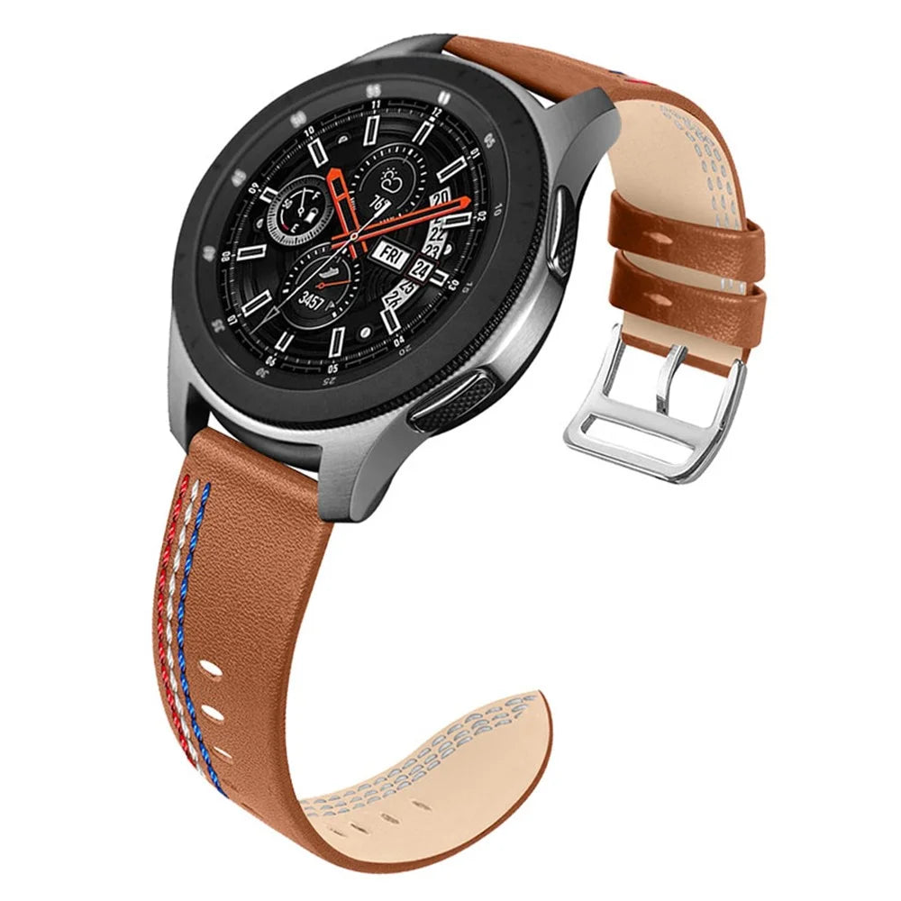 Top Layer Cowhide Genuine Leather Stitching Design Watch Band Strap for Samsung Galaxy Watch3 45mm/Watch 46mm - Brown - 1