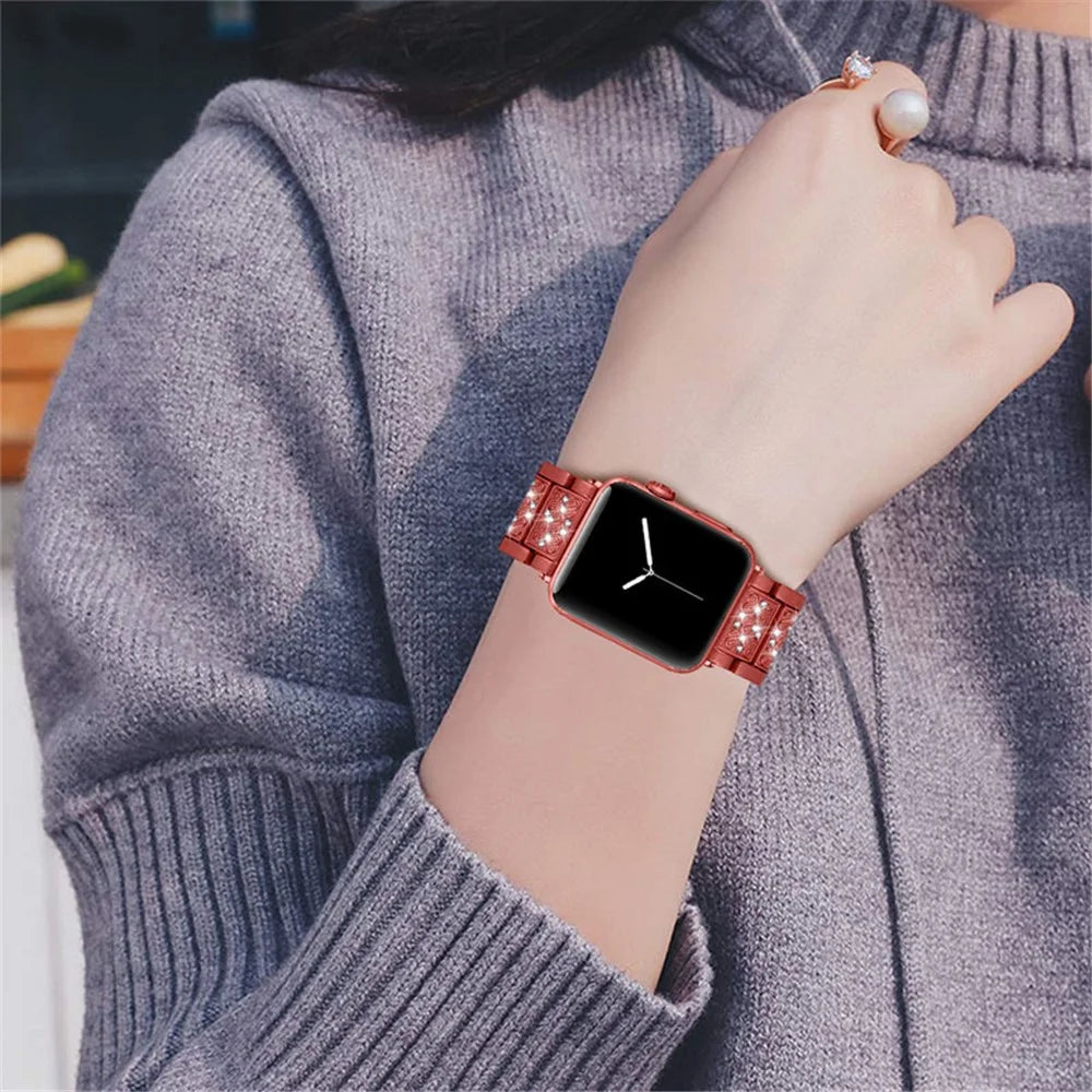 Stainless Steel Rhinestone Smart Watch Strap Watchband Replacement for Apple Watch Ultra 3 2 1 49mm / Series 11 10 46mm / 9 8 7 45mm / SE3 SE2 SE 6 5 4 44mm / 3 2 1 42mm - Red - 5