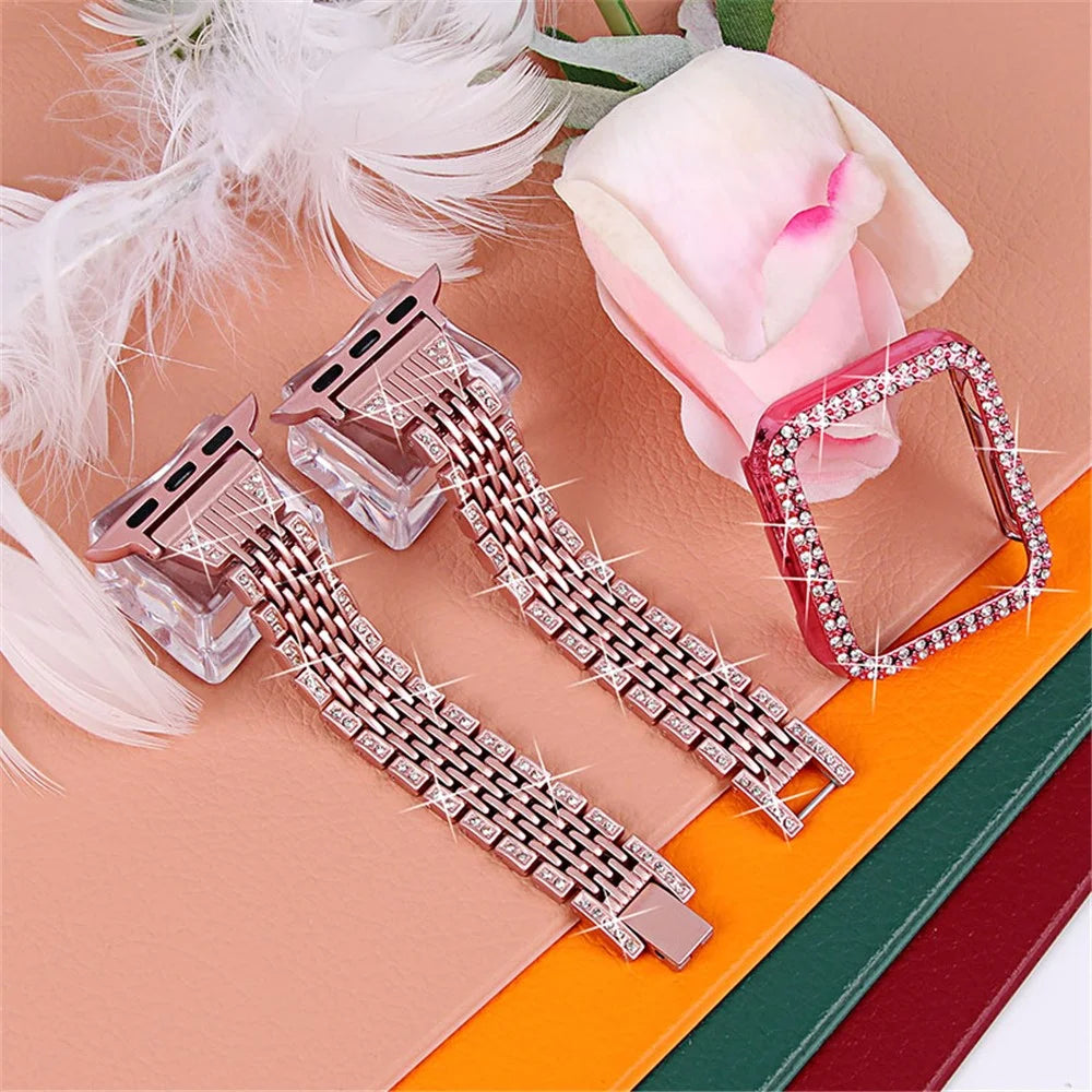 7 Beads Stainless Steel Rhinestone Watch Strap + Scratch-resistant PC Watch Case Cover Replacement for Apple Watch Series 7 45mm - Rose Pink - 3