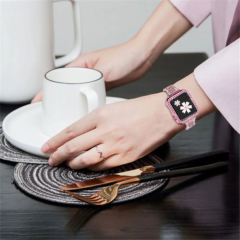 7 Beads Stainless Steel Rhinestone Watch Strap + Scratch-resistant PC Watch Case Cover Replacement for Apple Watch Series 7 45mm - Rose Pink - 5