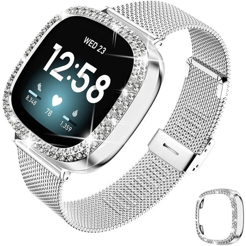 Milanese Watch Band Stainless Steel Smart Bracelet Watch Strap Fashionable Wrist Strap with Watch Cover Case for Fitbit Versa 3 / Fitbit Sense - Silver - 1