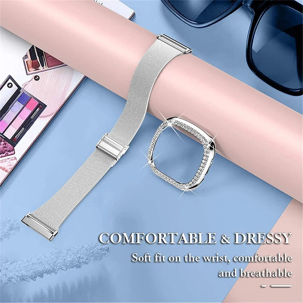 Milanese Watch Band Stainless Steel Smart Bracelet Watch Strap Fashionable Wrist Strap with Watch Cover Case for Fitbit Versa 3 / Fitbit Sense - Silver - 2