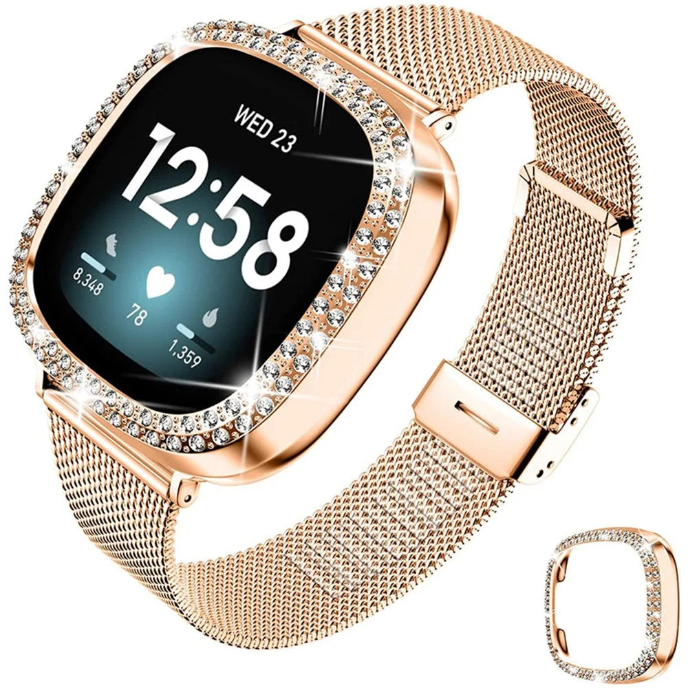 Stainless Steel Milanese Watch Band Strap Fashionable Wrist Strap with Watch Cover Case for Fitbit Versa 3 / Fitbit Sense - Rose Gold - 1