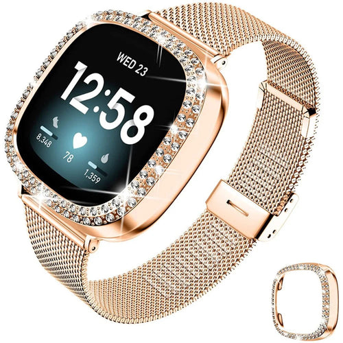 Stainless Steel Milanese Watch Band Strap Fashionable Wrist Strap with Watch Cover Case for Fitbit Versa 3 / Fitbit Sense - Rose Gold - 1