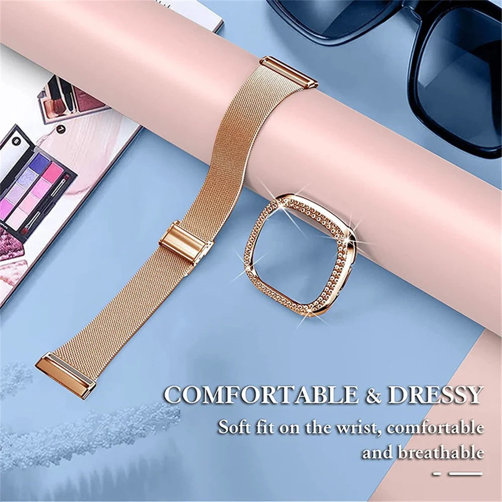 Stainless Steel Milanese Watch Band Strap Fashionable Wrist Strap with Watch Cover Case for Fitbit Versa 3 / Fitbit Sense - Rose Gold - 2