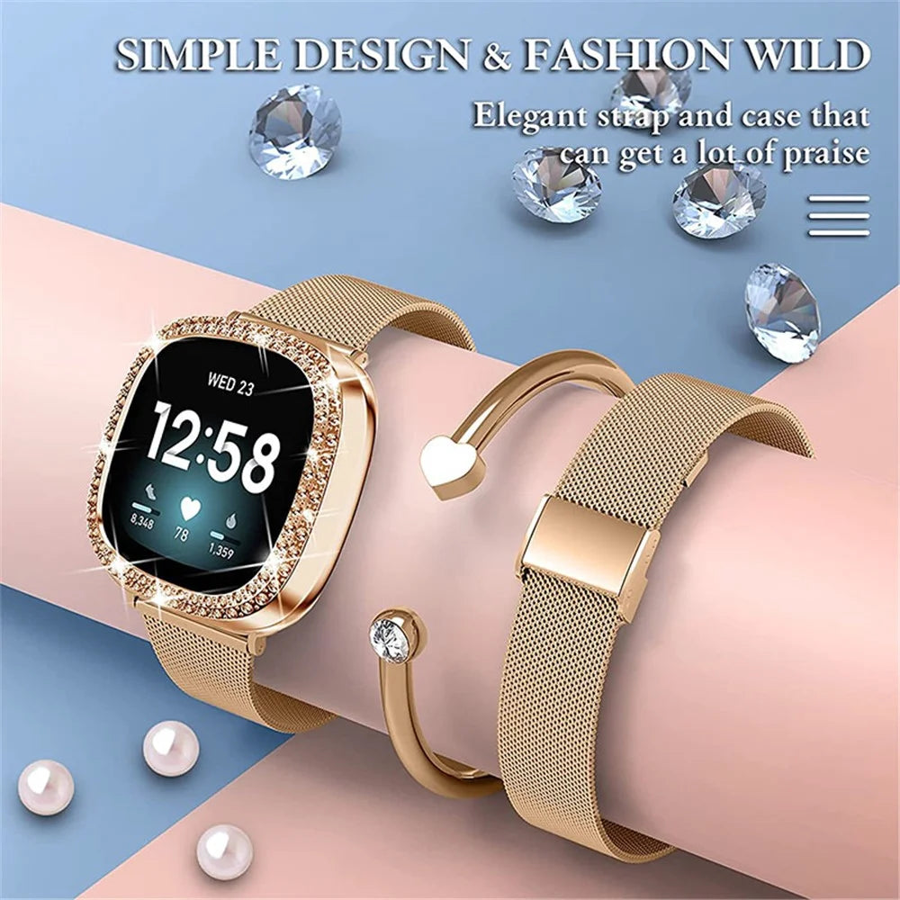 Stainless Steel Milanese Watch Band Strap Fashionable Wrist Strap with Watch Cover Case for Fitbit Versa 3 / Fitbit Sense - Rose Gold - 4