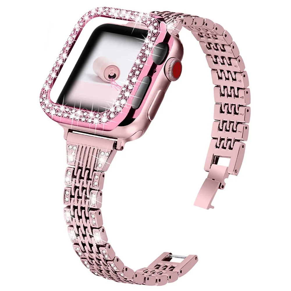 7 Beads Stainless Steel Watch Band Strap + Protective Case Replacement for Apple Watch Series 3 / 2 / 1 38mm - Rose Pink - 1