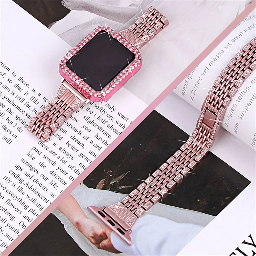 7 Beads Stainless Steel Watch Band Strap + Protective Case Replacement for Apple Watch Series 3 / 2 / 1 38mm - Rose Pink - 2
