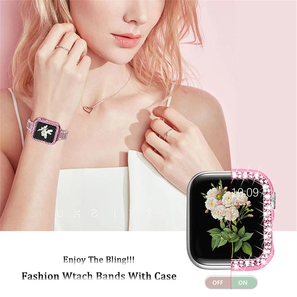 Stainless Steel 7 Beads Smart Watch Band Strap + Rhinestone Decor Watch Case Cover for Apple Watch Series 3/2/1 42mm - Rose Pink - 4