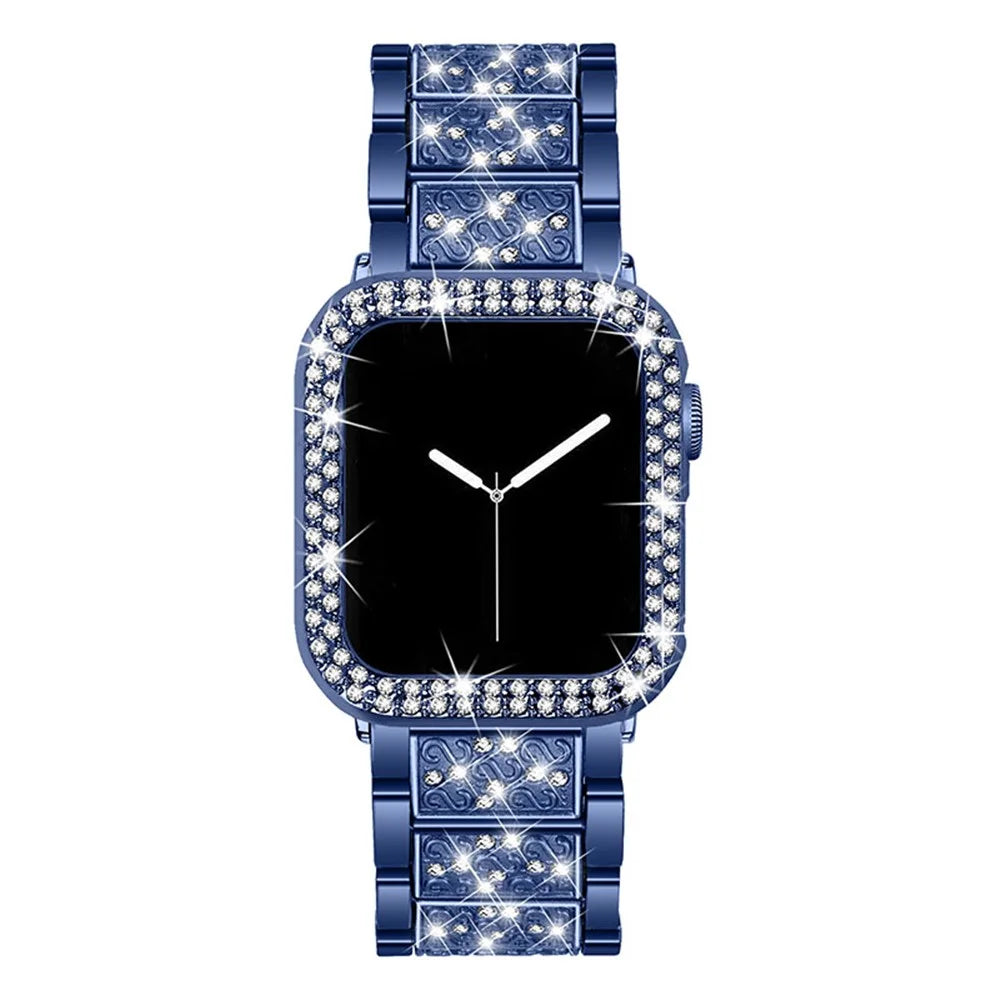 Sweat-resistant 3 Beads Rhinestone Decor Watch Strap + Double Row Rhinestone PC Watch Protective Cover for Apple Watch SE/Series 4/5/6 40mm - Blue - 3