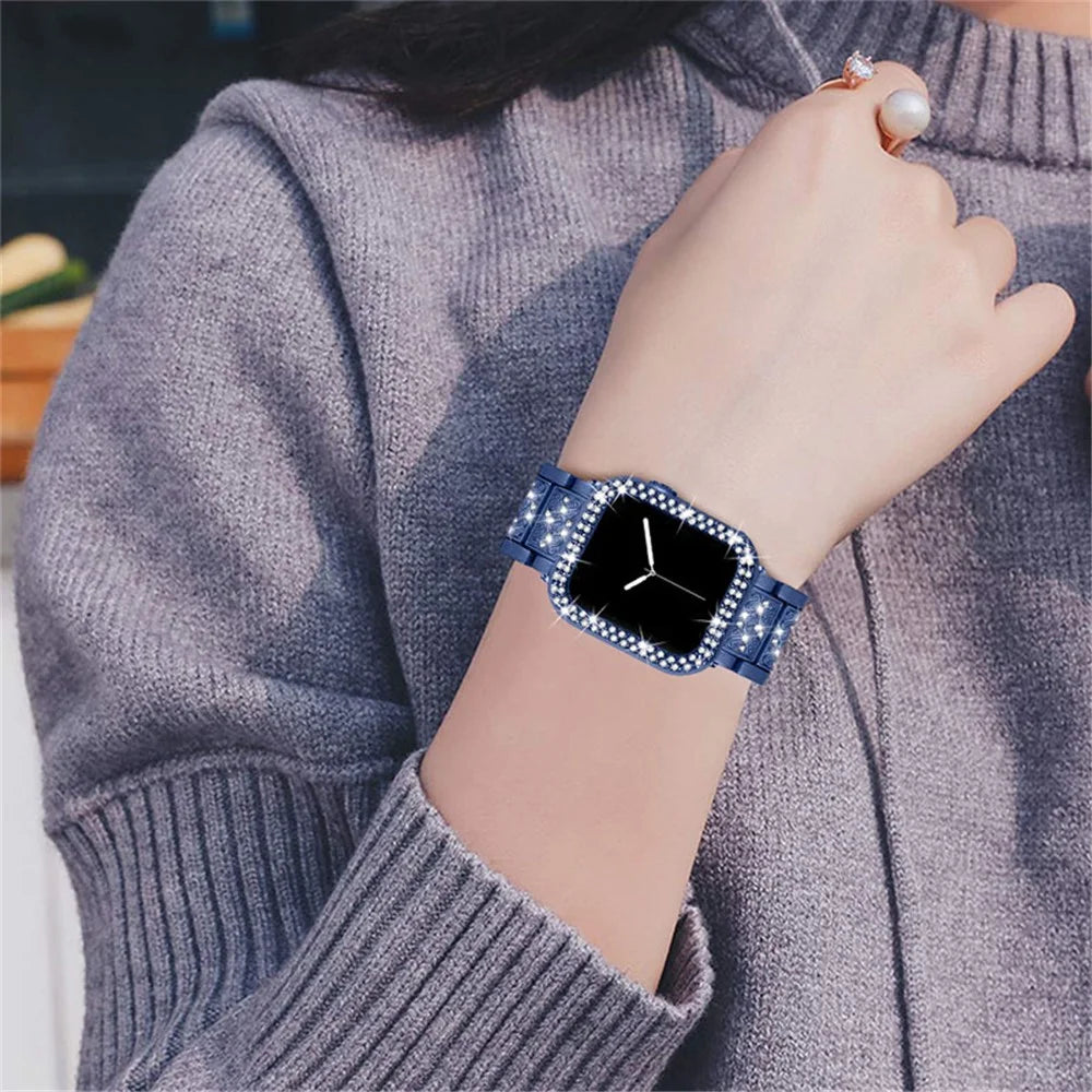 Sweat-resistant 3 Beads Rhinestone Decor Watch Strap + Double Row Rhinestone PC Watch Protective Cover for Apple Watch SE/Series 4/5/6 40mm - Blue - 4