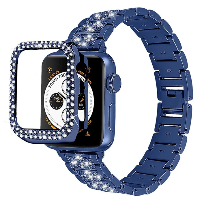 Rhinestone Decor 3 Beads Replacement Watch Strap + Anti-Scratch Double Row Rhinestone PC Watch Case Cover for Apple Watch Series 7 41mm - Blue - 1