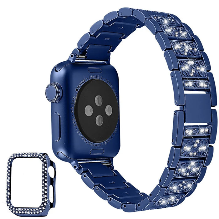 Rhinestone Decor 3 Beads Replacement Watch Strap + Anti-Scratch Double Row Rhinestone PC Watch Case Cover for Apple Watch Series 7 41mm - Blue - 2