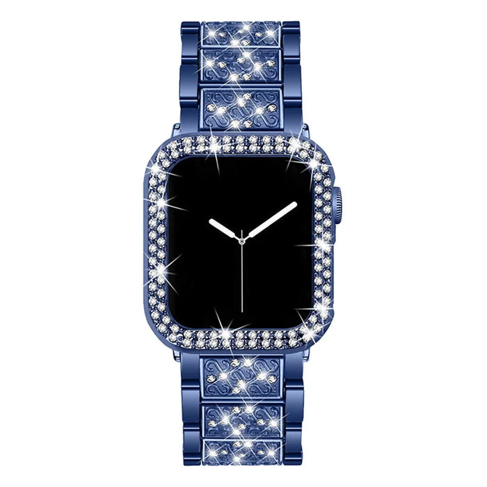 Rhinestone Decor 3 Beads Replacement Watch Strap + Anti-Scratch Double Row Rhinestone PC Watch Case Cover for Apple Watch Series 7 41mm - Blue - 3