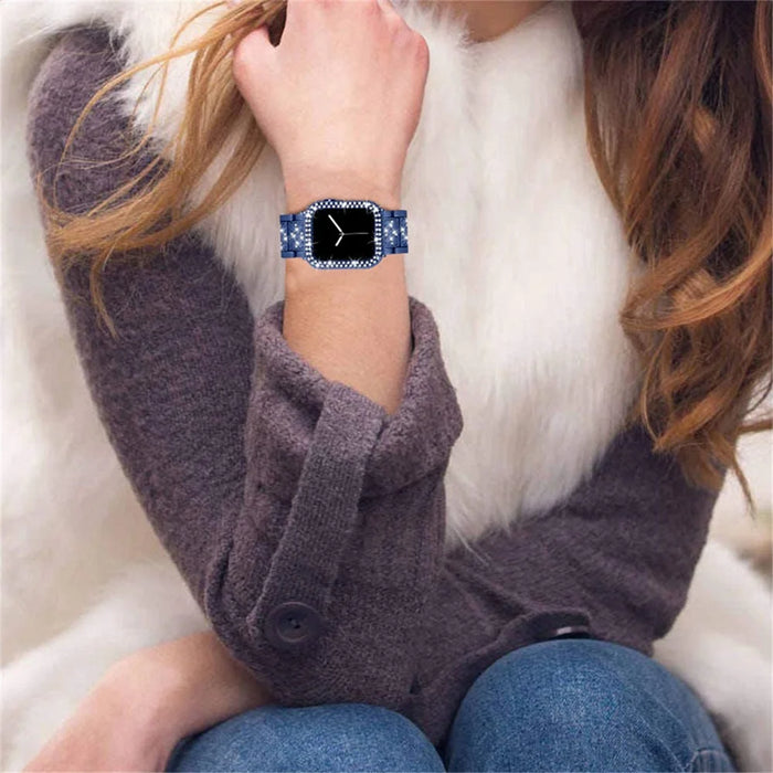 Rhinestone Decor 3 Beads Replacement Watch Strap + Anti-Scratch Double Row Rhinestone PC Watch Case Cover for Apple Watch Series 7 41mm - Blue - 5