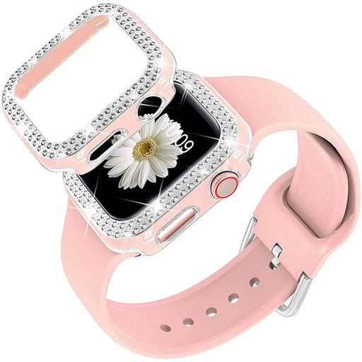 Fashionable Rhinestone Decor Watch Protective Cover + Silicone Watch Band Strap Replacement for Apple Watch Series 4/5/6/SE 40mm - Pink - 1