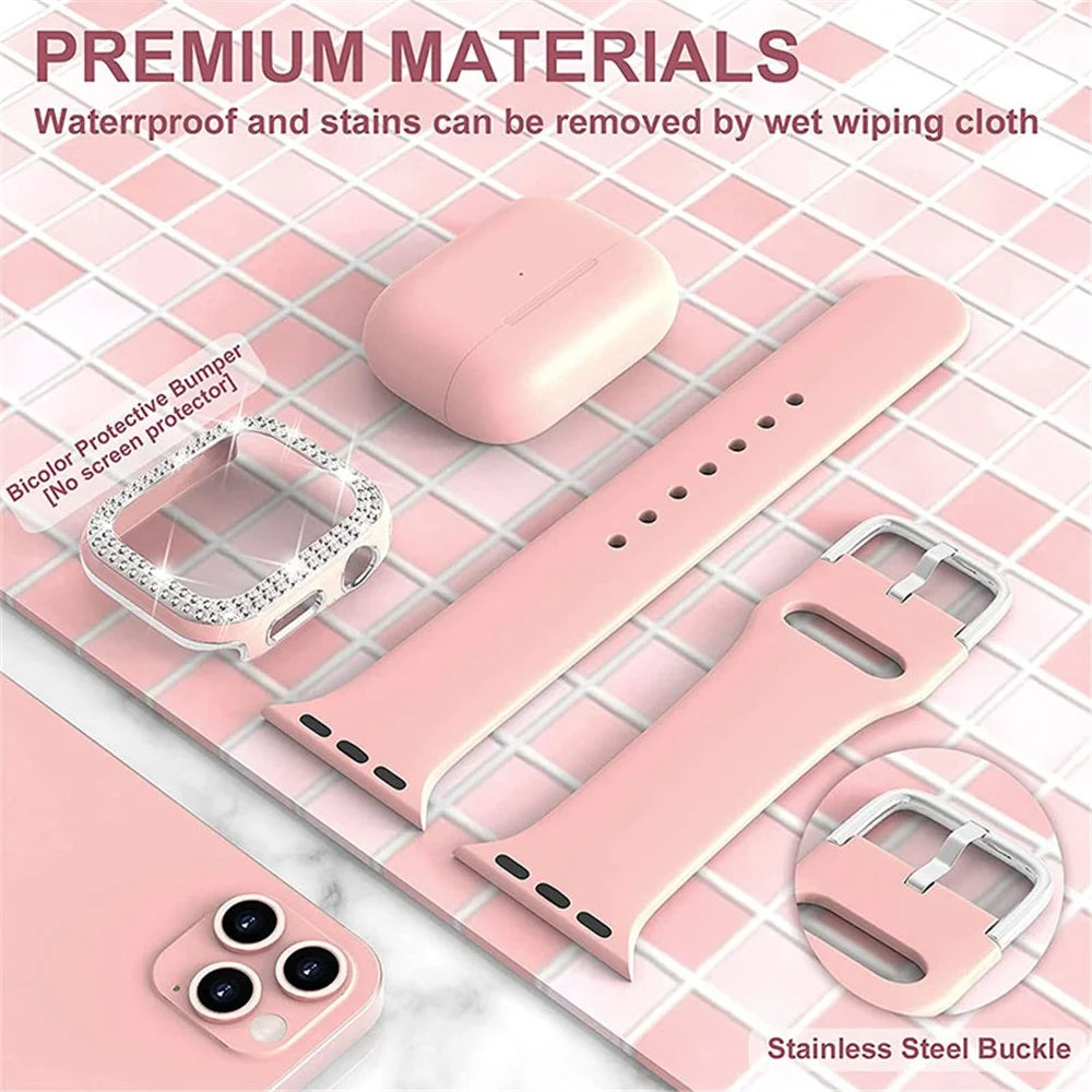 Fashionable Rhinestone Decor Watch Protective Cover + Silicone Watch Band Strap Replacement for Apple Watch Series 4/5/6/SE 40mm - Pink - 3
