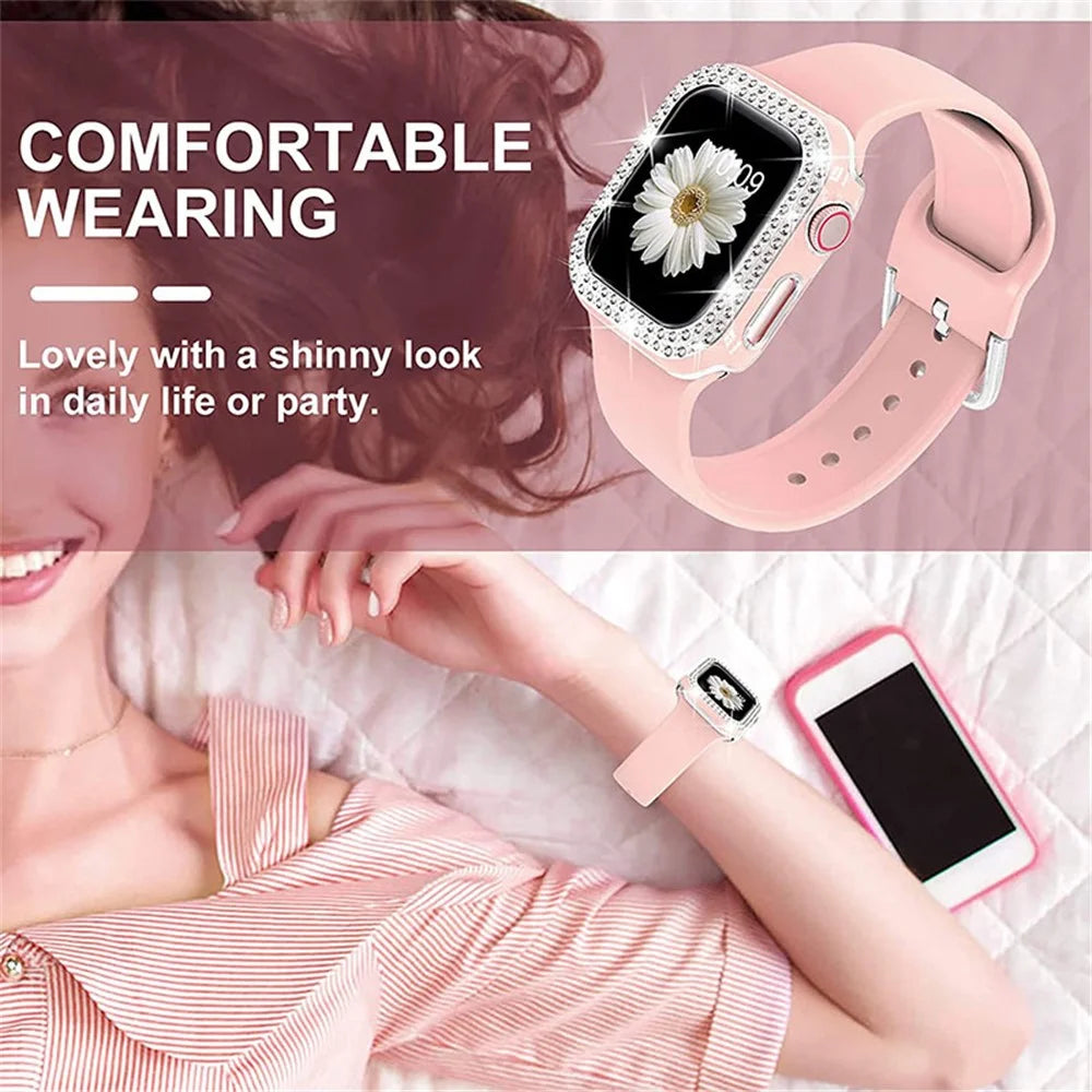 Fashionable Rhinestone Decor Watch Protective Cover + Silicone Watch Band Strap Replacement for Apple Watch Series 4/5/6/SE 40mm - Pink - 4