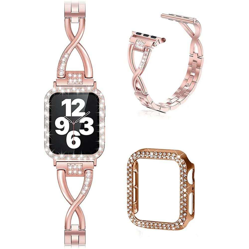Rhinestone Decor Protective Case + X-shape Metal Watch Strap Scratch-resistant Replacement for Apple Watch Series 3/2/1 42mm - Rose Gold - 1