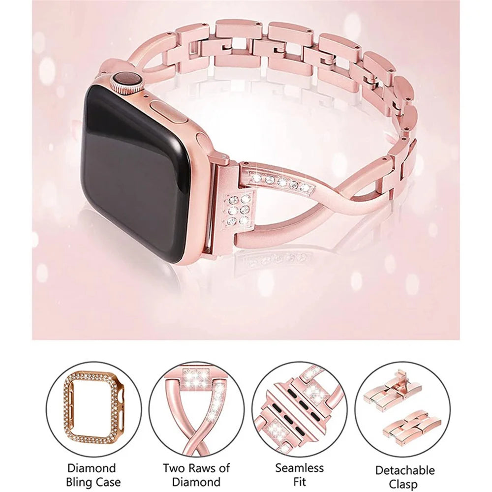 Rhinestone Decor Protective Case + X-shape Metal Watch Strap Scratch-resistant Replacement for Apple Watch Series 3/2/1 42mm - Rose Gold - 2