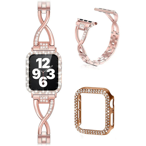 X-shape Metal Watch Strap Replacement Watchband + Double Row Rhinestone Decorated Anti-scratch Protective Case for Apple Watch Series 7 45mm - Rose Gold - 1