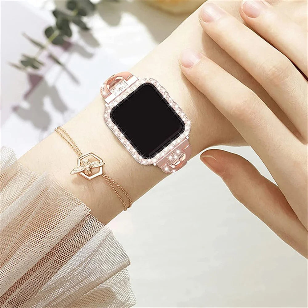 X-shape Metal Watch Strap Replacement Watchband + Double Row Rhinestone Decorated Anti-scratch Protective Case for Apple Watch Series 7 45mm - Rose Gold - 5