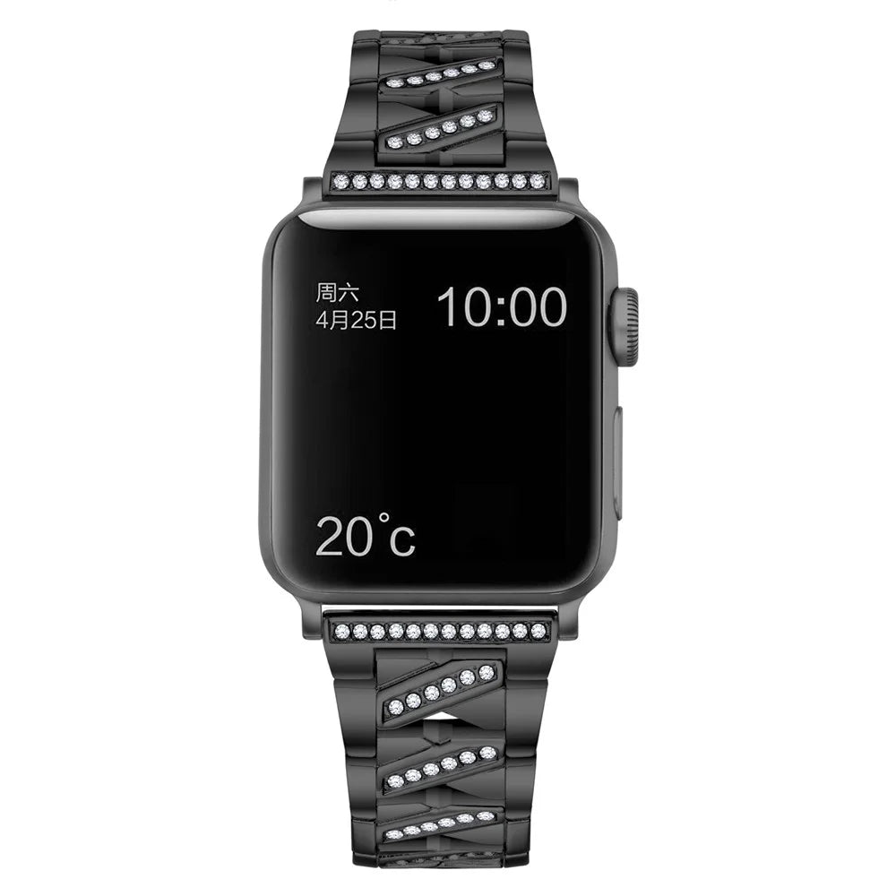 Metal Watchband X Design Rhinestone Decor Watch Band Strap Replacement for Apple Watch Ultra 3 2 1 49mm / Series 11 10 46mm / 9 8 7 45mm / SE3 SE2 SE 6 5 4 44mm / 3 2 1 42mm - Black - 2