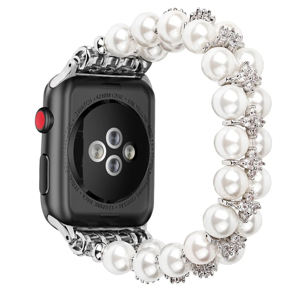 Faux Pearl Rhinestone Decor Wrist Strap Smart Watch Band Bracelet for Apple Watch Series 11 10 42mm / 9 8 7 41mm / SE3 SE2 SE 6 5 4 40mm / 3 2 1 38mm - White - 1