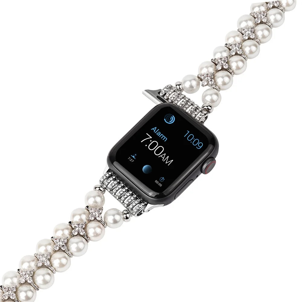 Faux Pearl Rhinestone Decor Wrist Strap Smart Watch Band Bracelet for Apple Watch Series 11 10 42mm / 9 8 7 41mm / SE3 SE2 SE 6 5 4 40mm / 3 2 1 38mm - White - 3