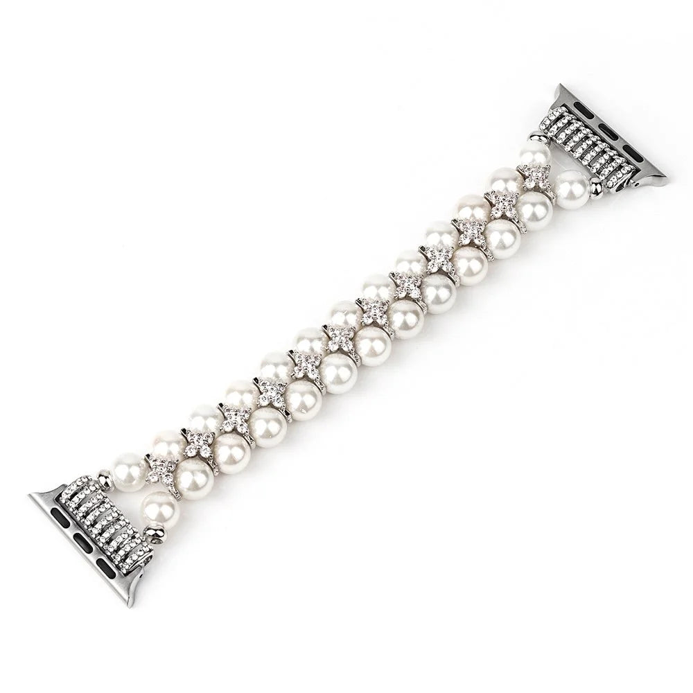 Faux Pearl Rhinestone Decor Wrist Strap Smart Watch Band Bracelet for Apple Watch Series 11 10 42mm / 9 8 7 41mm / SE3 SE2 SE 6 5 4 40mm / 3 2 1 38mm - White - 4