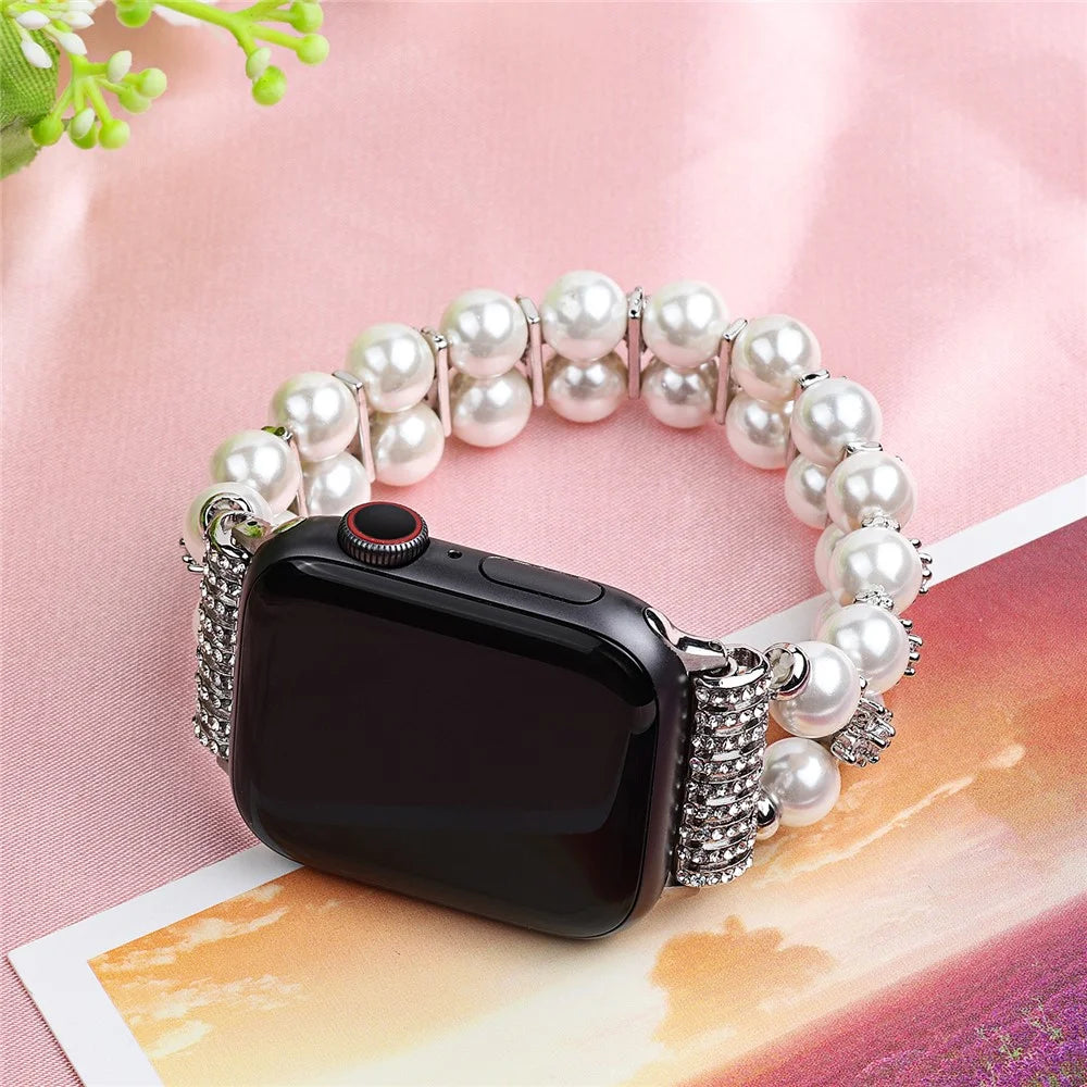 Faux Pearl Rhinestone Decor Wrist Strap Smart Watch Band Bracelet for Apple Watch Series 11 10 42mm / 9 8 7 41mm / SE3 SE2 SE 6 5 4 40mm / 3 2 1 38mm - White - 5