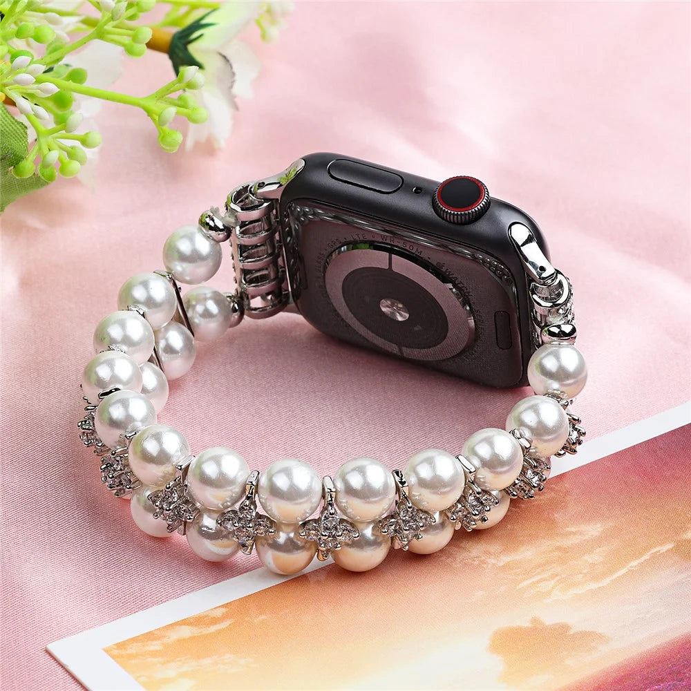 Faux Pearl Rhinestone Decor Wrist Strap Smart Watch Band Bracelet for Apple Watch Series 11 10 42mm / 9 8 7 41mm / SE3 SE2 SE 6 5 4 40mm / 3 2 1 38mm - White - 6