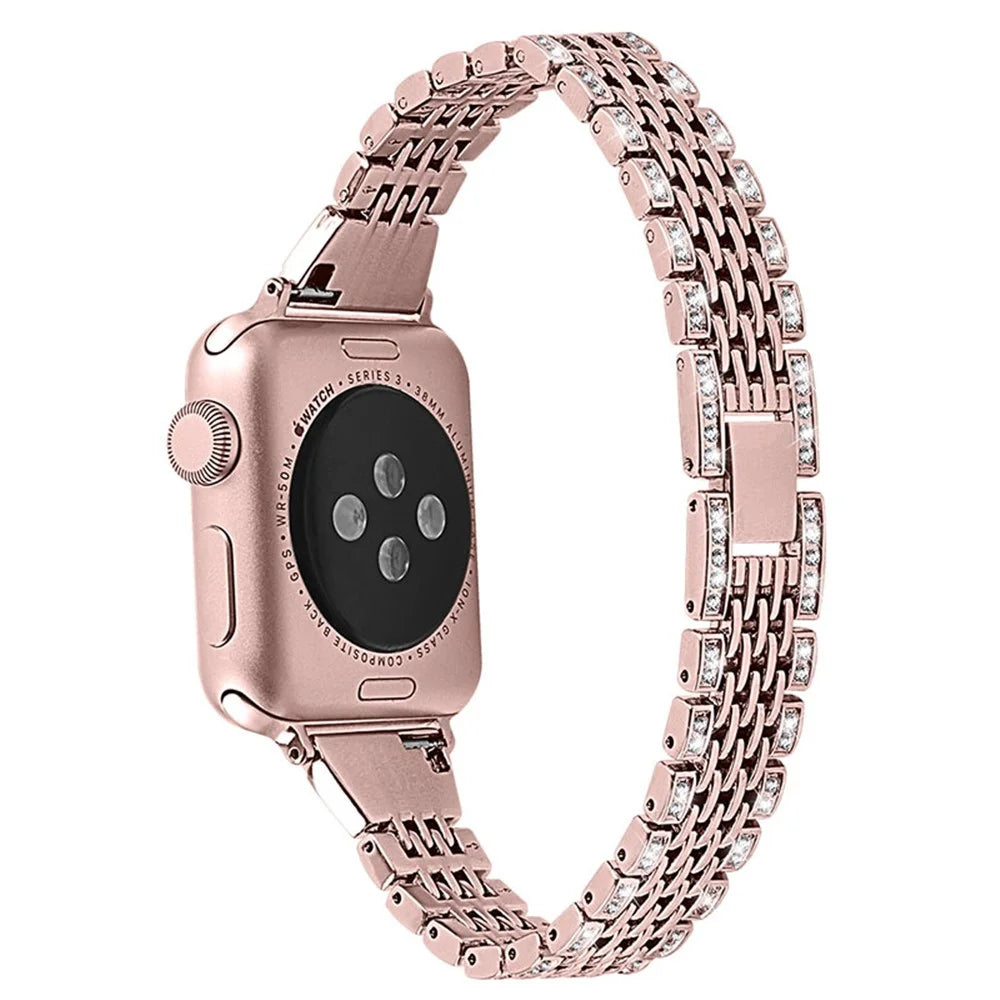Rhinestones Decor Seven Beads Metal Smart Watch Band for Apple Watch Series 11 10 42mm / 9 8 7 41mm / SE3 SE2 SE 6 5 4 40mm / 3 2 1 38mm - Rose Pink - 1