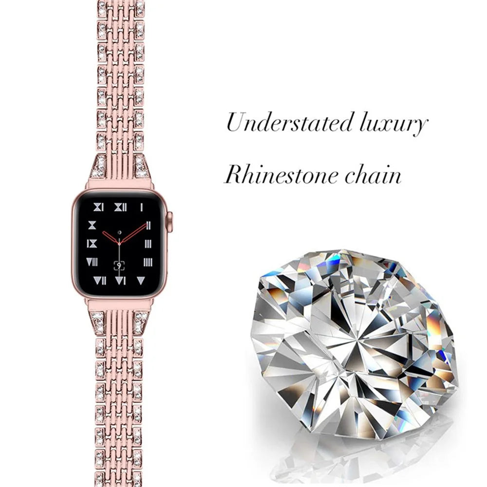 Rhinestones Decor Seven Beads Metal Smart Watch Band for Apple Watch Series 11 10 42mm / 9 8 7 41mm / SE3 SE2 SE 6 5 4 40mm / 3 2 1 38mm - Rose Pink - 2