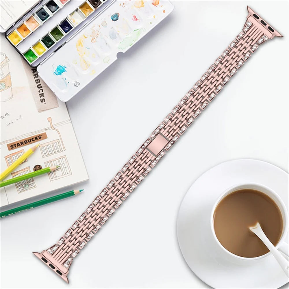 Rhinestones Decor Seven Beads Metal Smart Watch Band for Apple Watch Series 11 10 42mm / 9 8 7 41mm / SE3 SE2 SE 6 5 4 40mm / 3 2 1 38mm - Rose Pink - 3