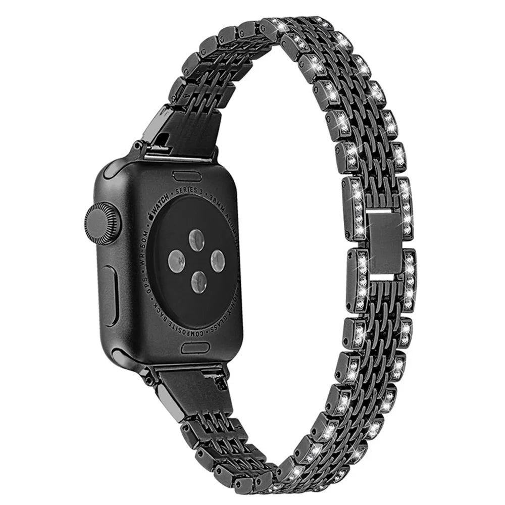 Seven Beads Metal Watch Band Rhinestones Decor Wrist Strap for Apple Watch Ultra 3 2 1 49mm / Series 11 10 46mm / 9 8 7 45mm / SE3 SE2 SE 6 5 4 44mm / 3 2 1 42mm - Black - 1