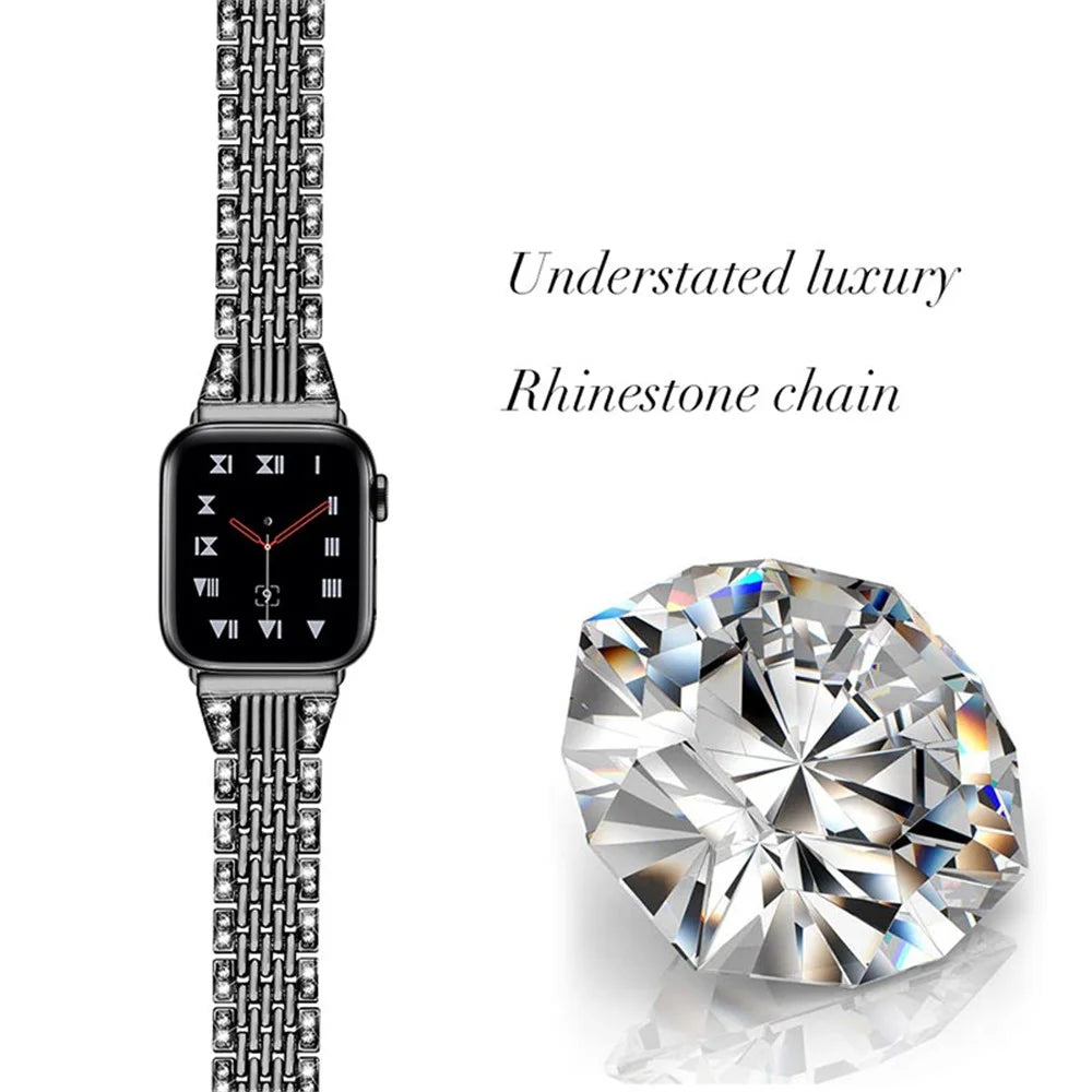Seven Beads Metal Watch Band Rhinestones Decor Wrist Strap for Apple Watch Ultra 3 2 1 49mm / Series 11 10 46mm / 9 8 7 45mm / SE3 SE2 SE 6 5 4 44mm / 3 2 1 42mm - Black - 2