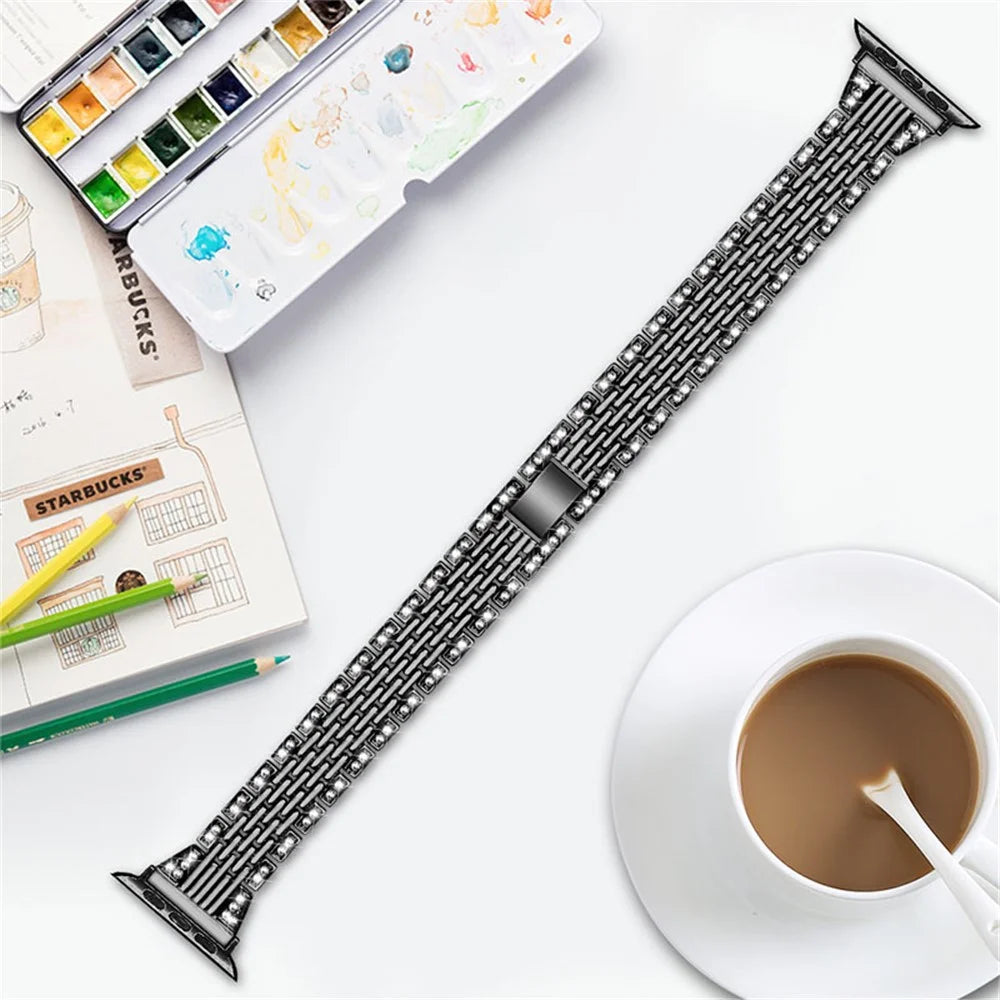 Seven Beads Metal Watch Band Rhinestones Decor Wrist Strap for Apple Watch Ultra 3 2 1 49mm / Series 11 10 46mm / 9 8 7 45mm / SE3 SE2 SE 6 5 4 44mm / 3 2 1 42mm - Black - 3