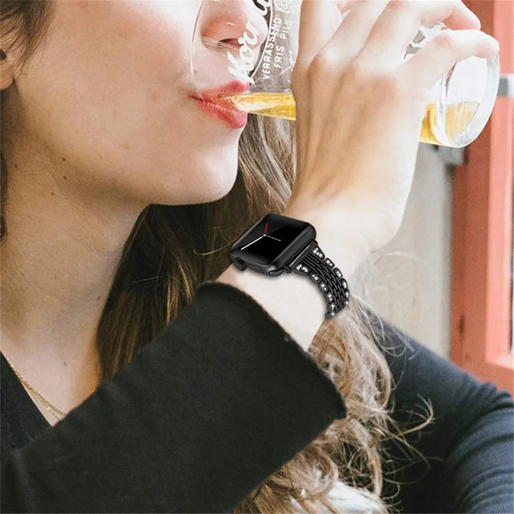 Seven Beads Metal Watch Band Rhinestones Decor Wrist Strap for Apple Watch Ultra 3 2 1 49mm / Series 11 10 46mm / 9 8 7 45mm / SE3 SE2 SE 6 5 4 44mm / 3 2 1 42mm - Black - 4