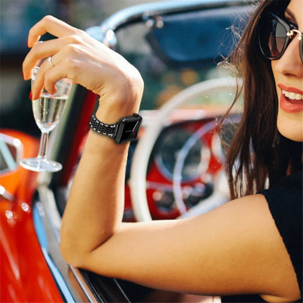 Seven Beads Metal Watch Band Rhinestones Decor Wrist Strap for Apple Watch Ultra 3 2 1 49mm / Series 11 10 46mm / 9 8 7 45mm / SE3 SE2 SE 6 5 4 44mm / 3 2 1 42mm - Black - 5