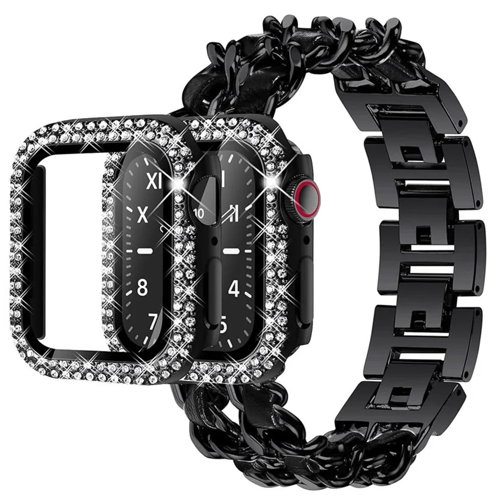 Stainless Steel + PU Leather Chain Strap with Double Row Rhinestone Drop-Proof Protective Case for Apple Watch Series 1 / 2 / 3 38mm - Black / Black Leather - 1