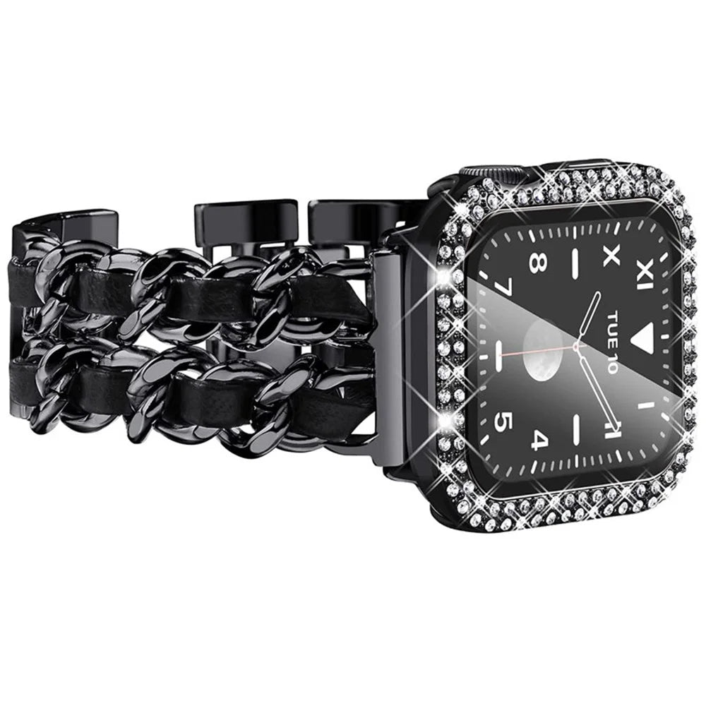 Stainless Steel + PU Leather Chain Strap with Double Row Rhinestone Drop-Proof Protective Case for Apple Watch Series 1 / 2 / 3 38mm - Black / Black Leather - 2