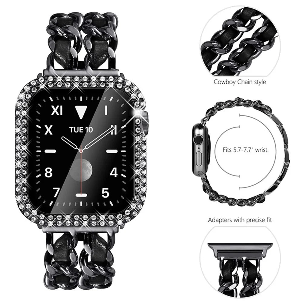 Stainless Steel + PU Leather Chain Strap with Double Row Rhinestone Drop-Proof Protective Case for Apple Watch Series 1 / 2 / 3 38mm - Black / Black Leather - 4
