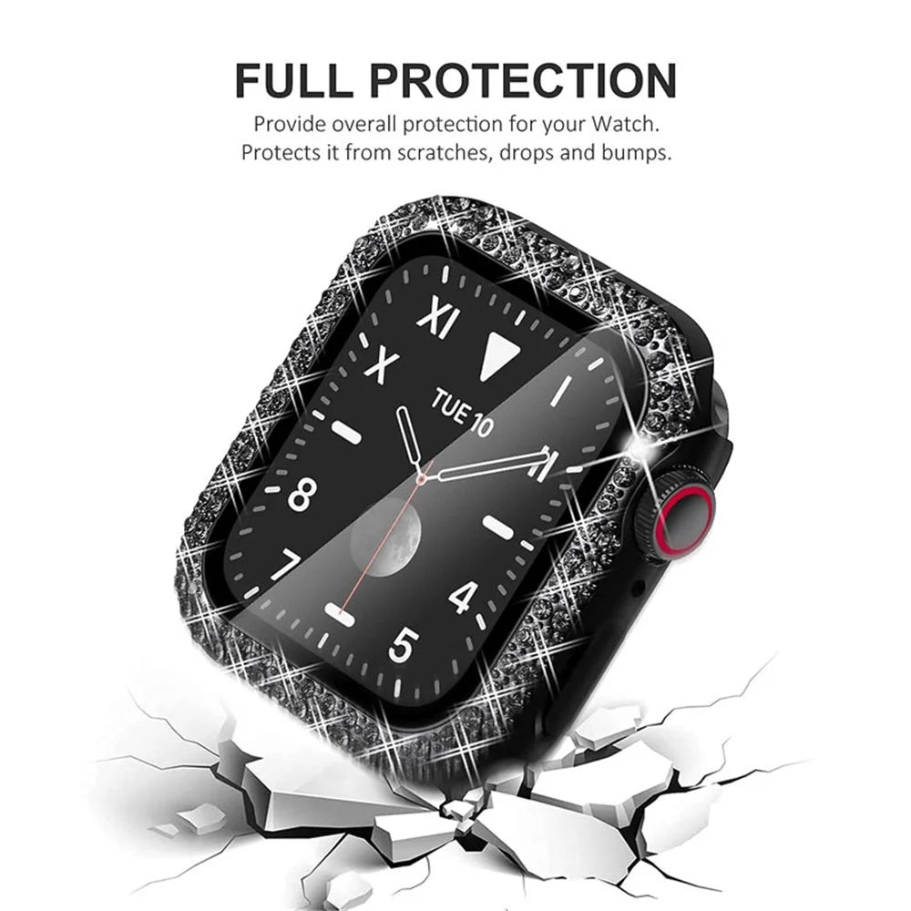 PU Leather + Stainless Steel Watch Strap + Double Row Rhinestone Protective Watch Case Cover for Apple Watch Series 1/2/3 42mm - Black/Black Leather - 3