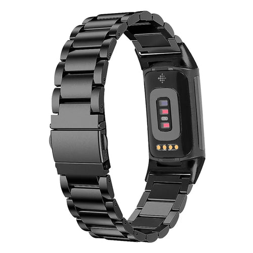 3 Beads Stainless Steel Double Button Folding Clasp Replacement Wrist Strap Watch Band for Fitbit Charge 6 / 5 - Black - 1