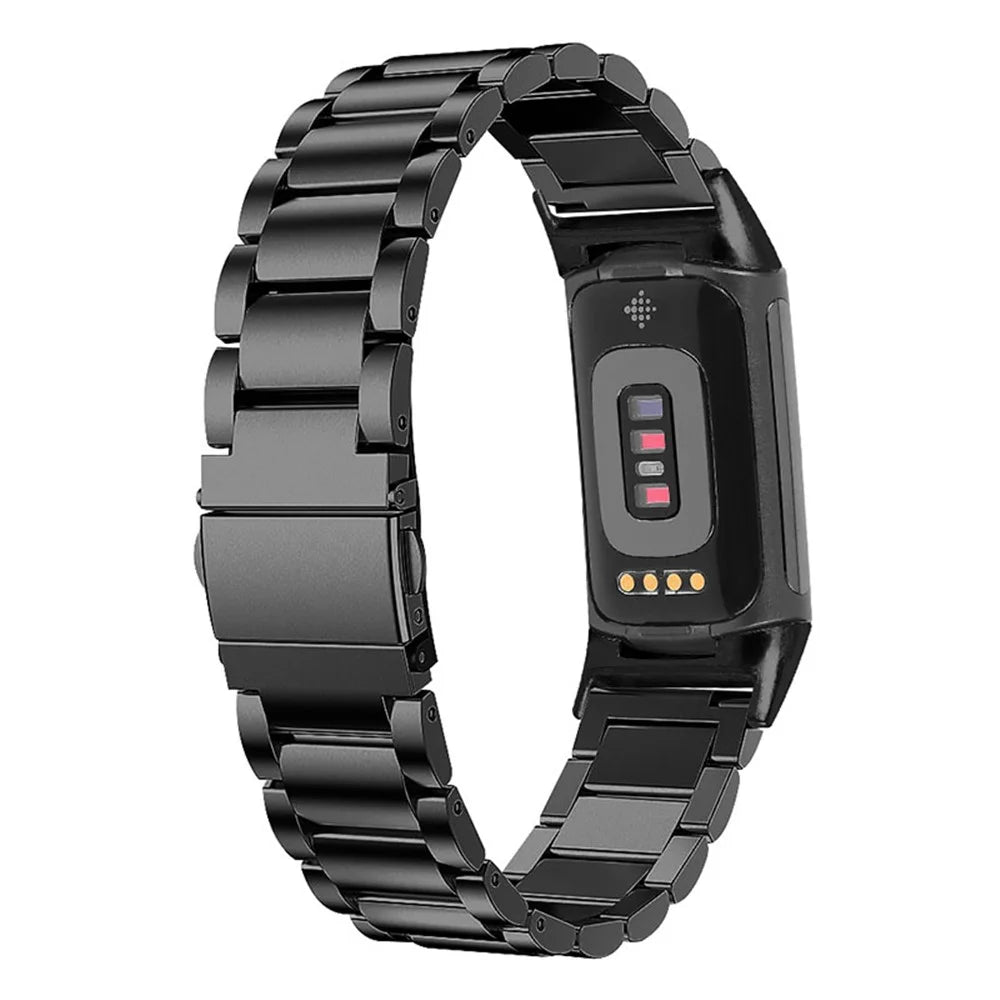 3 Beads Stainless Steel Double Button Folding Clasp Replacement Wrist Strap Watch Band for Fitbit Charge 6 / 5 - Black - 1