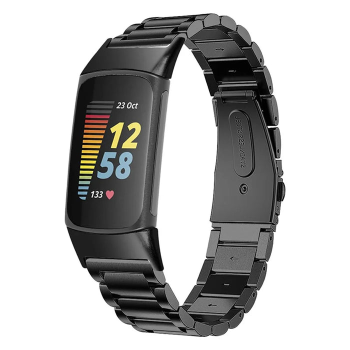 3 Beads Stainless Steel Double Button Folding Clasp Replacement Wrist Strap Watch Band for Fitbit Charge 6 / 5 - Black - 2