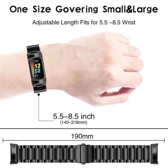 3 Beads Stainless Steel Double Button Folding Clasp Replacement Wrist Strap Watch Band for Fitbit Charge 6 / 5 - Black - 4